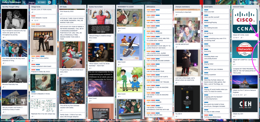 Screencapture of a student's vision board made on Trello